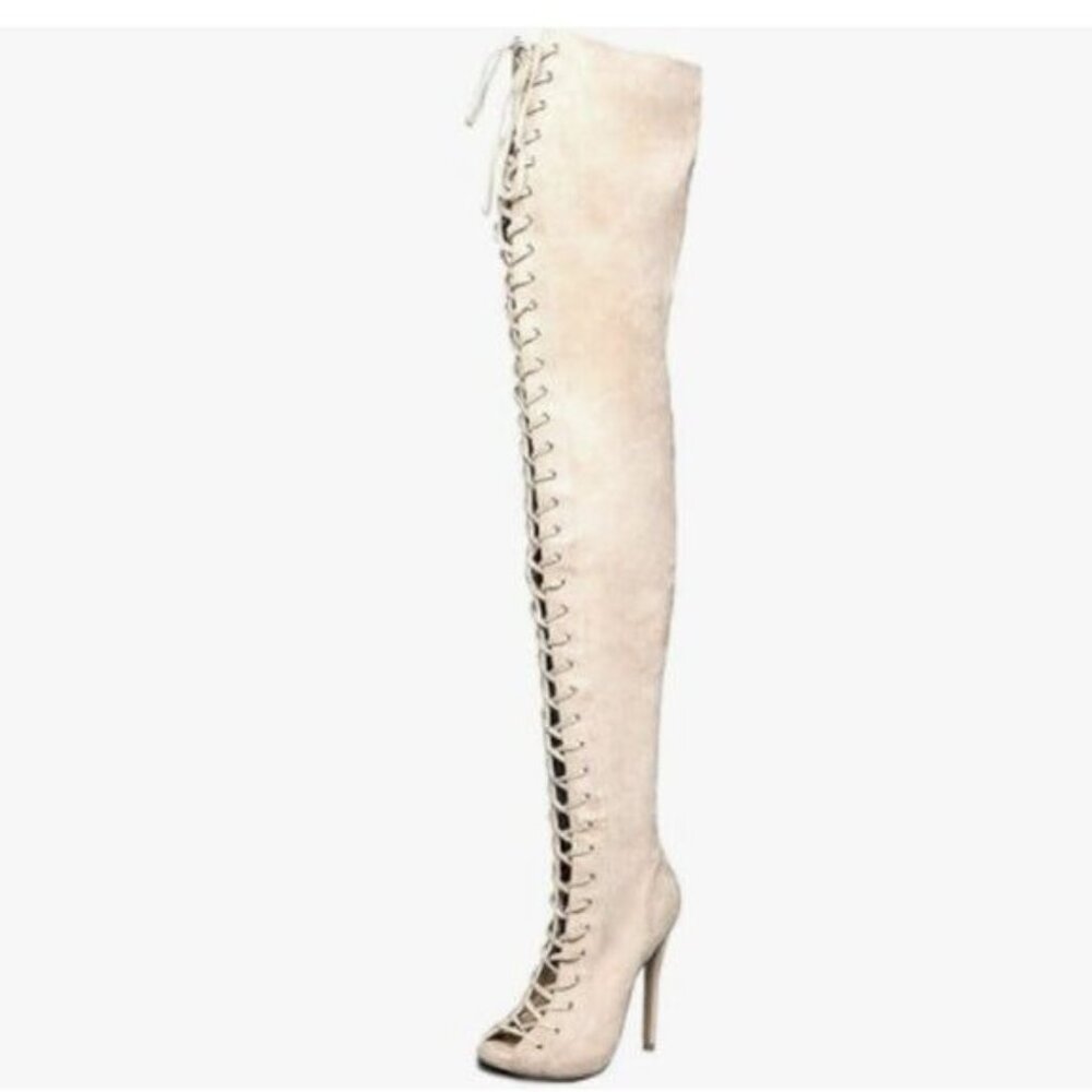 YDN Women Peep Toe Thigh High Heel Boots Stiletto Lace-up Suede Winter Shoes